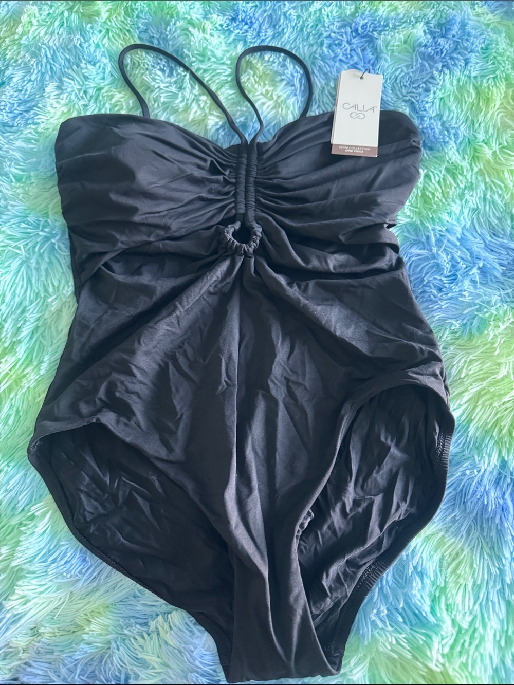 CALIA by Carrie Underwood Black Shirred Cutout One Piece